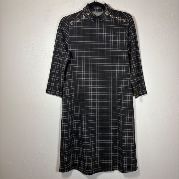 J. McLaughlin Dresses & Skirts - J.McLaughlin Women Black White Windowpane Plaid Gold Button Mock Neck Dress S